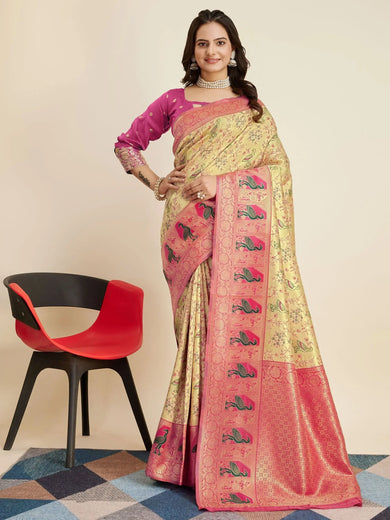 Captivating Beige Zari Weaving Banarasi Silk Festival Wear Saree